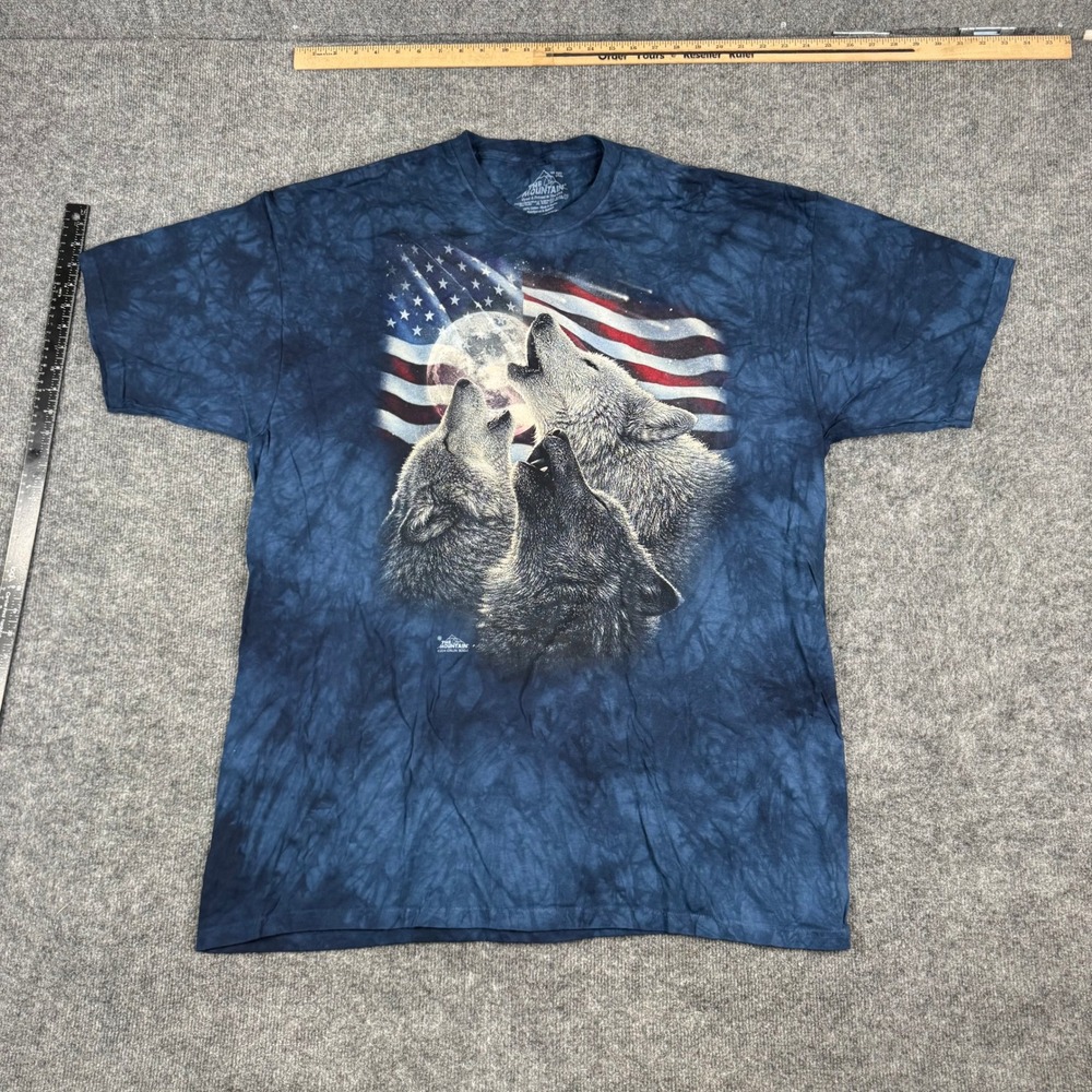 The Mountain T-Shirt Mens Size 3XL Blue Tie Dye Wolf Moon American Flag Graphic